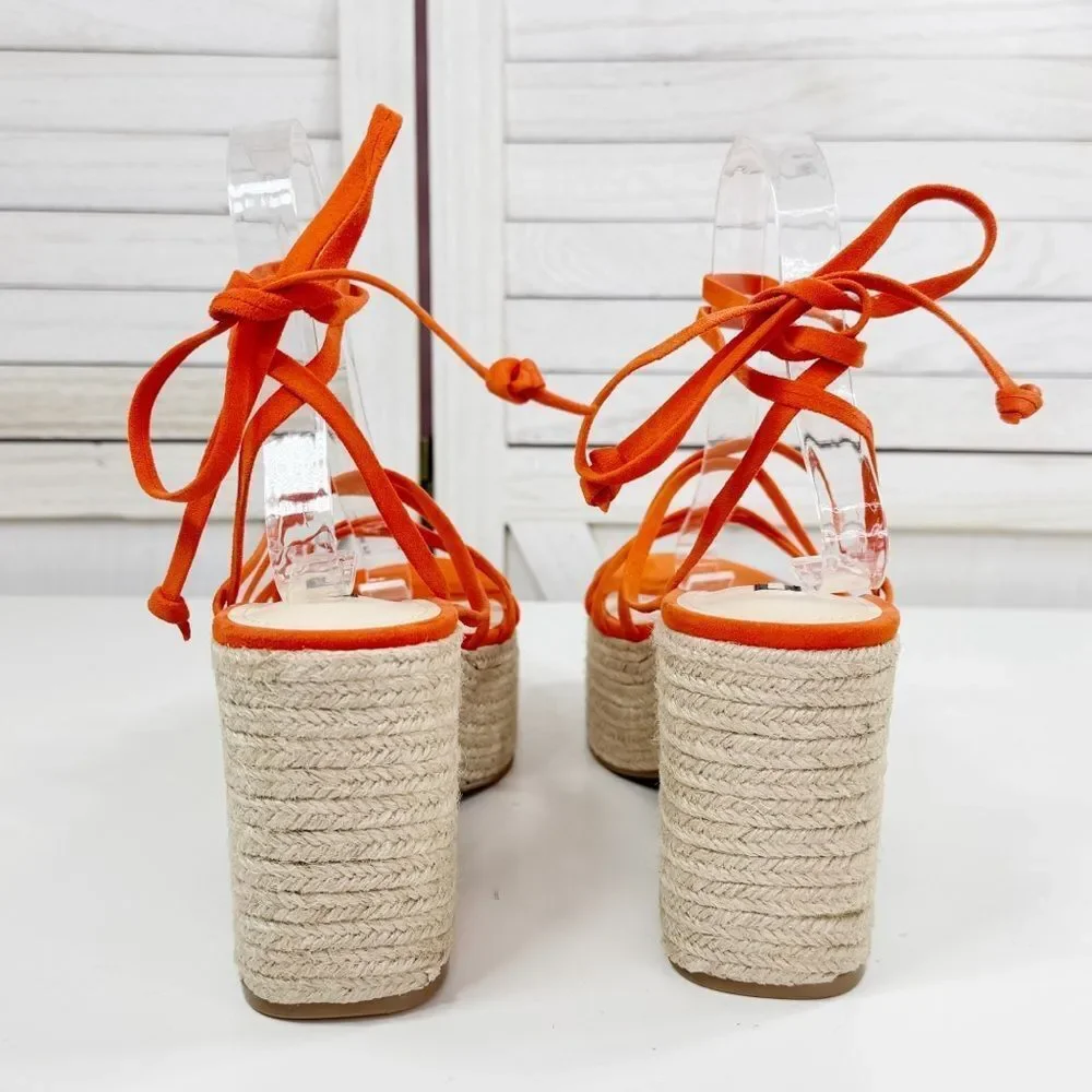 Nine West Riplee Platform Espadrille Ankle Wrap Strappy Sandals Orange 8.5